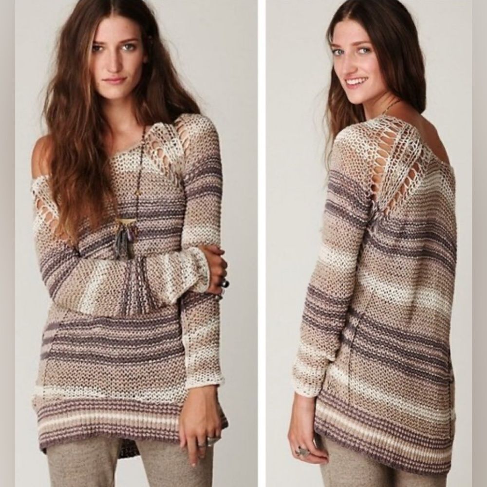 Free People Desert Moon Striped Pullover crochet Sweater in beige neutrals. S